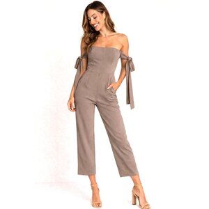 Kittenish Strapless Tie Sleeve Jumpsuit Tan Cropped Pants Minimalist Chic Size M